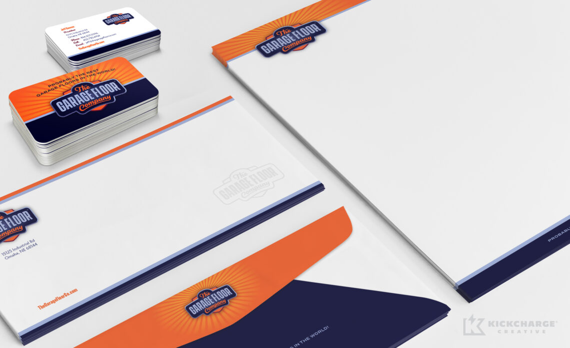 the garage floor company stationery including letterhead, envelopes, and business cards