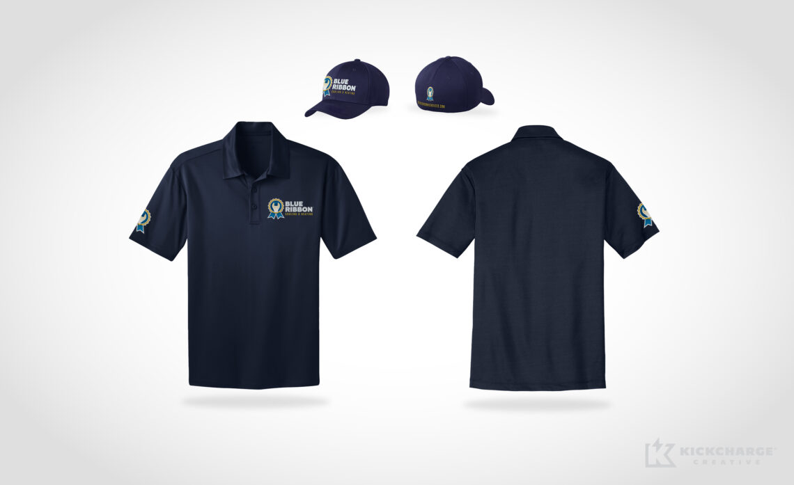 blue ribbon employee polo and hat