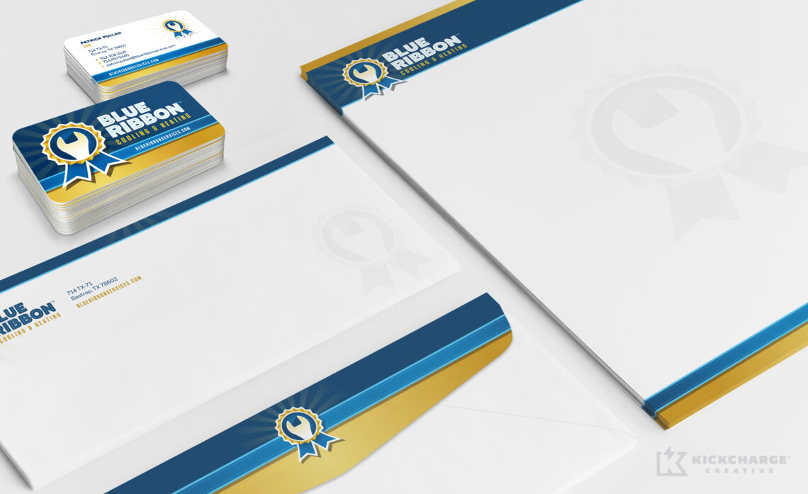 blue ribbon stationery including letterhead, envelopes, and business cards