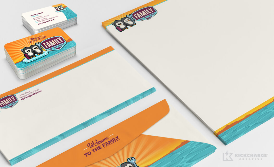 family heating & cooling stationery including letterhead, envelopes, and business cards