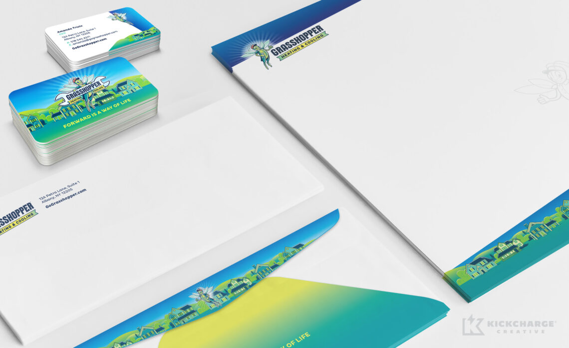 grasshopper stationery including letterhead, envelopes, and business cards
