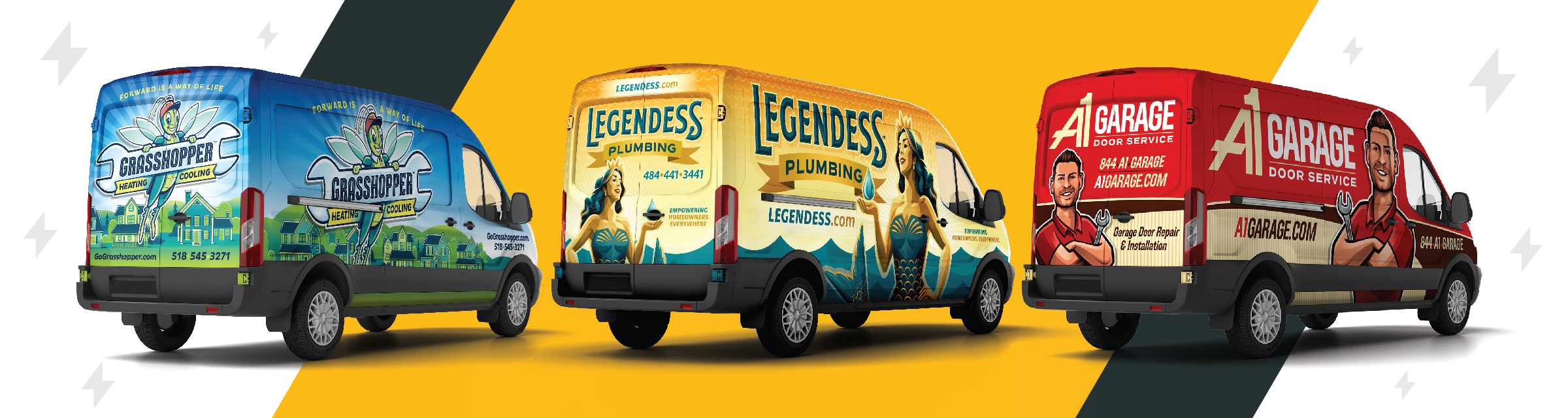 Header image with a striped background and transparent lightning bolts featuring the van wraps of Grasshopper, Legendess, and A1