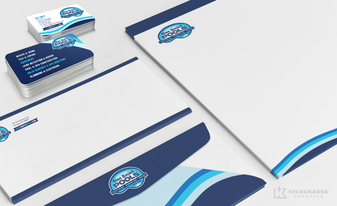 alan smith pools stationery including letterhead, envelopes, and business cards