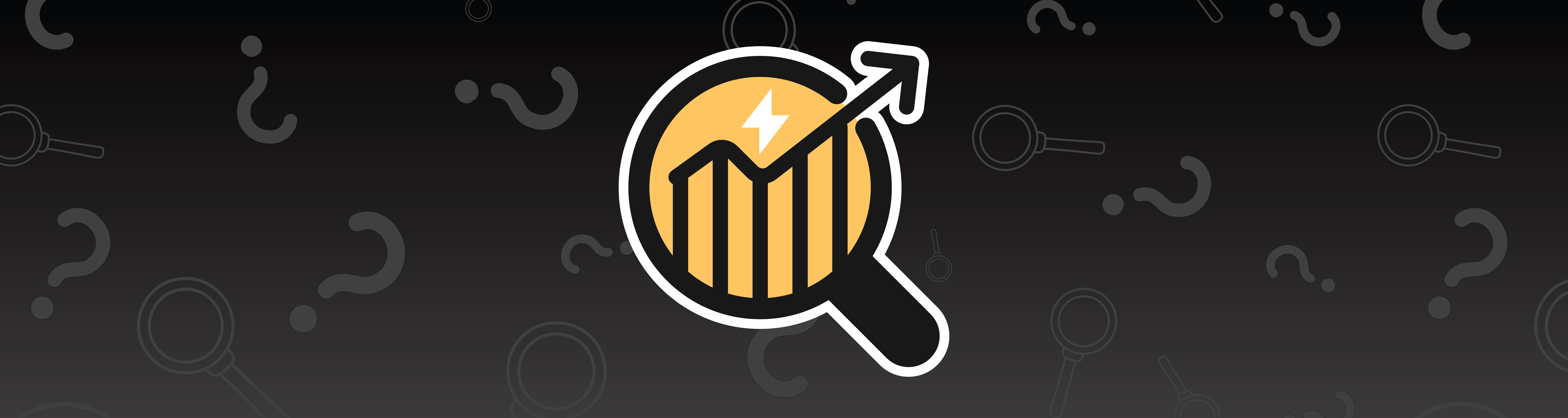 banner image featuring a black background with dark grey question marks and a large yellow magnifying glass