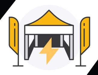 illustrated graphic of a black and yellow trade show booth