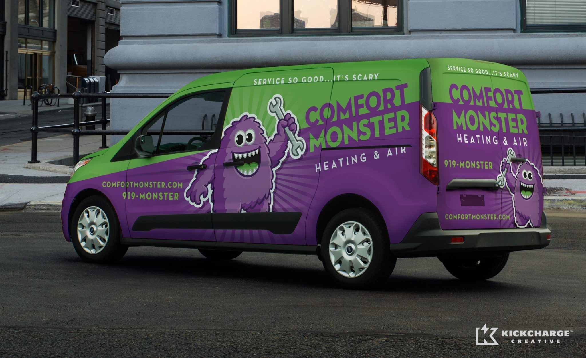 The best vehicle wraps use simple, easy-to-read graphics to evoke a strong brand promise to customers, as this wrap for Comfort Monster shows.