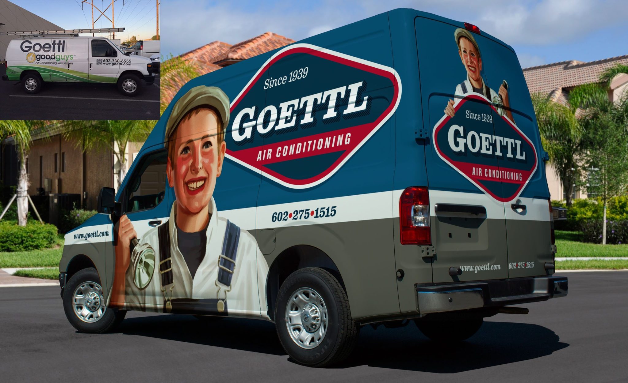 Before and after truck wrap design for this air conditioning contractor. The best vehicle wraps use simple graphics that are easy to read, as the new wrap for Goettl Air Conditioning shows.