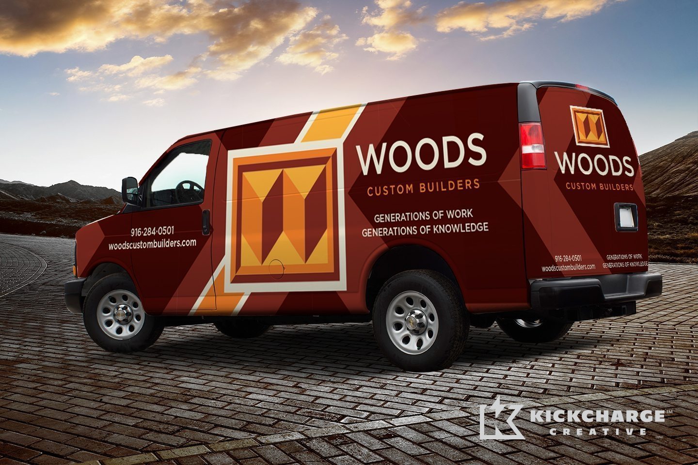 Woods Custom Builders vehicle wrap design for a home improvement company serving Sacramento, California.
