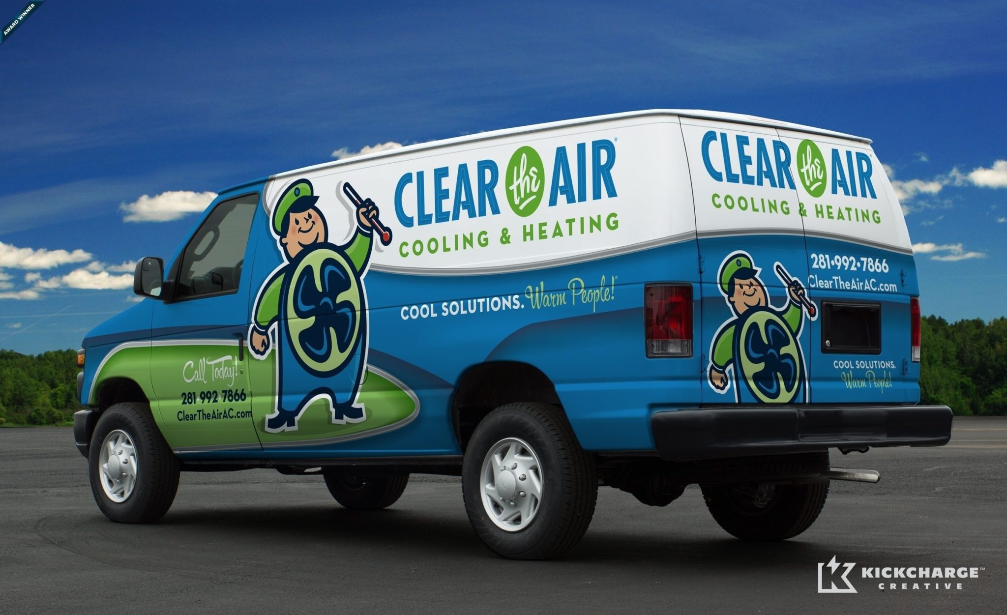 Award-winning truck wrap design for this HVAC contractor in Texas. Winner of 2014 Tops in Trucks Contest from HVACR Magazine and third place winner of the Signs of the Times 9th Annual Graphics Contest for service vehicles.