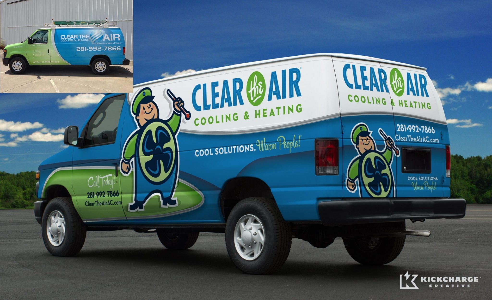 Before and after of a HVAC truck wrap design for this heating and air conditioning contractor. Winner of 2014 Tops in Trucks Contest from HVACR Magazine.