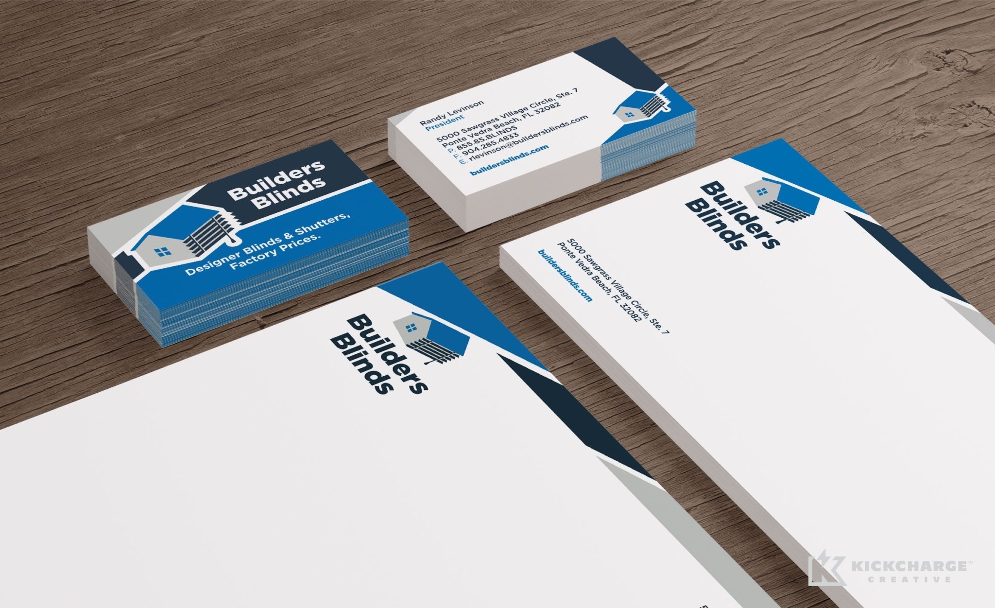Stationery design for Builders Blinds, a commercial contractor in Florida.