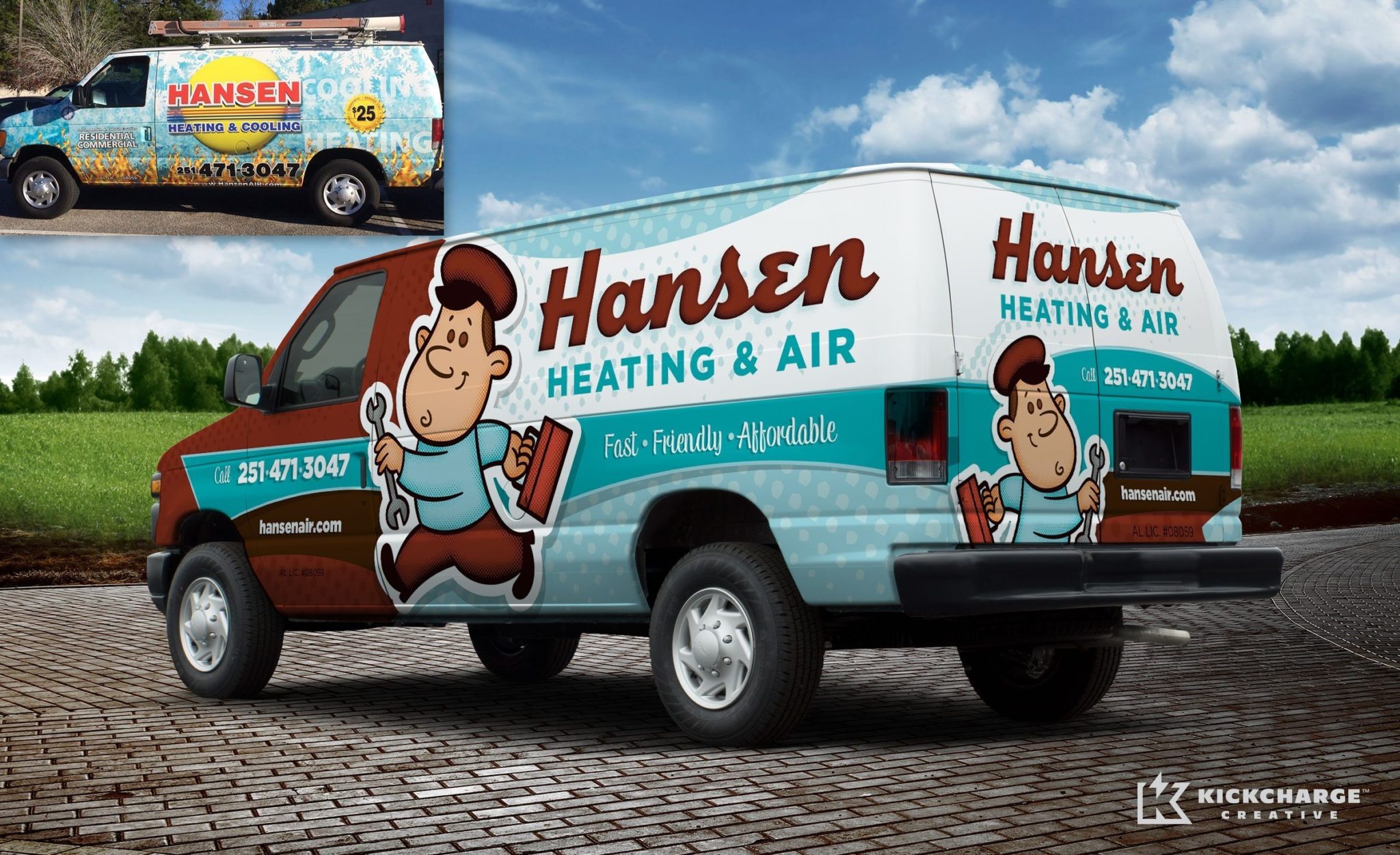 Hansen Heating & Air - Before & after Retro-themed truck wrap design and fleet branding for a heating and air conditioning contractor in Mobile, AL.