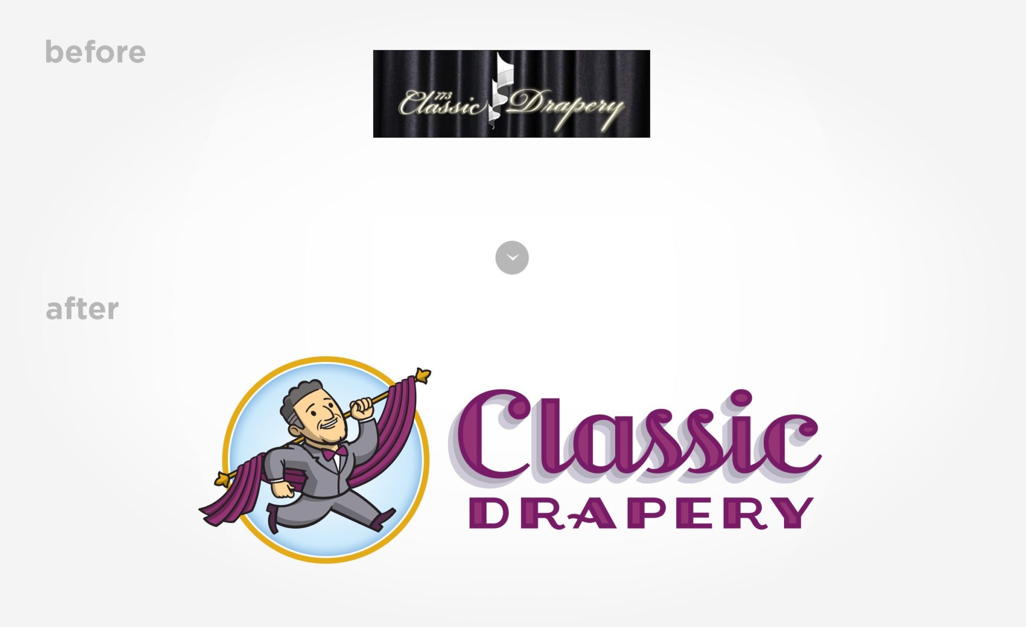 Before & after logo re-design for Classic Drapery.