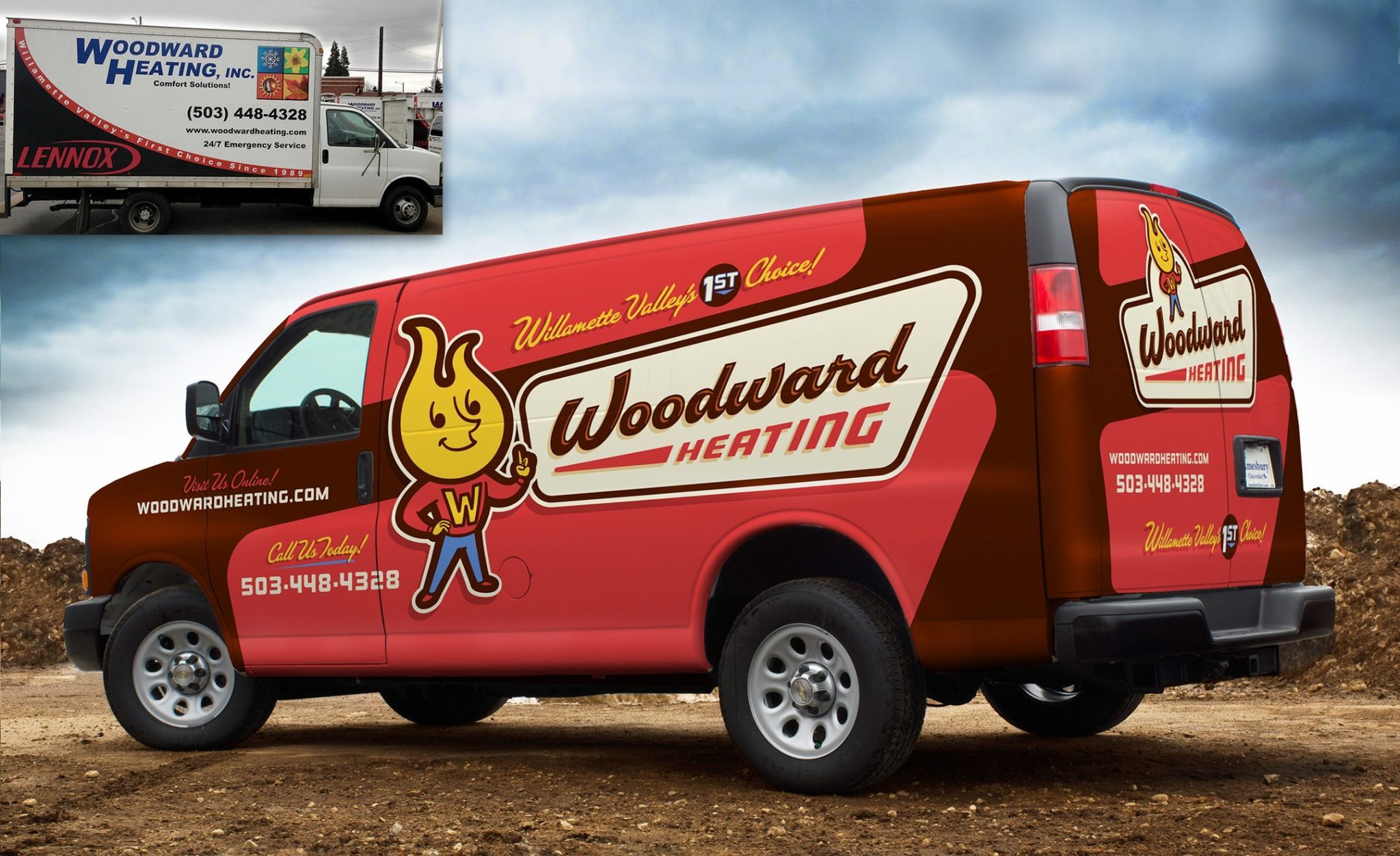 Before & after vehicle wrap design for a full service HVAC contractor located in Aumsville, OR.