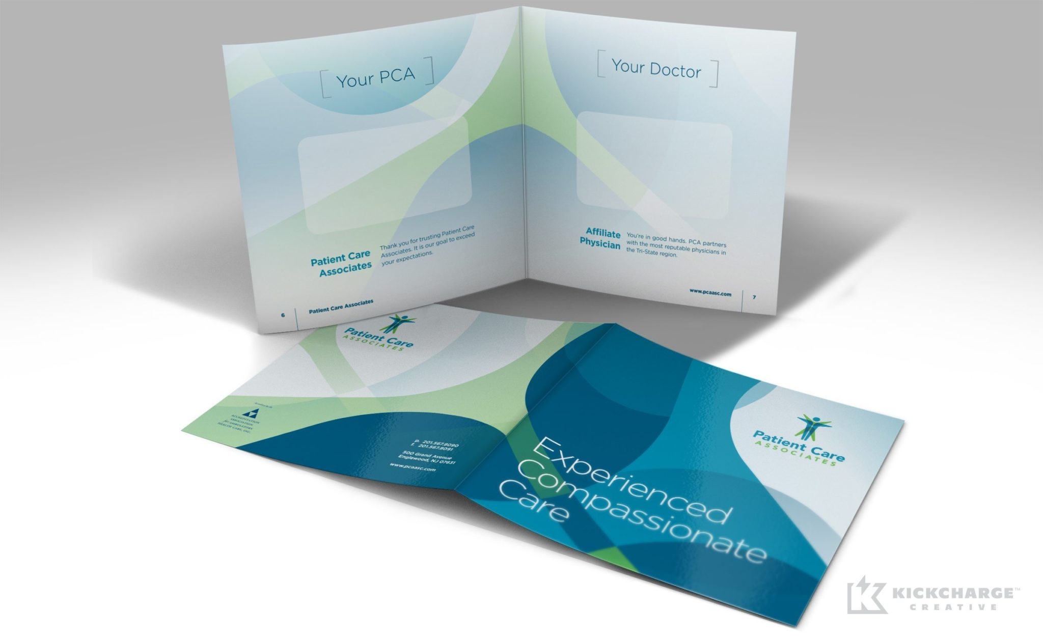 Multipage square booklet brochure design for Patient Care Associates, a surgical center in Englewood, New Jersey.