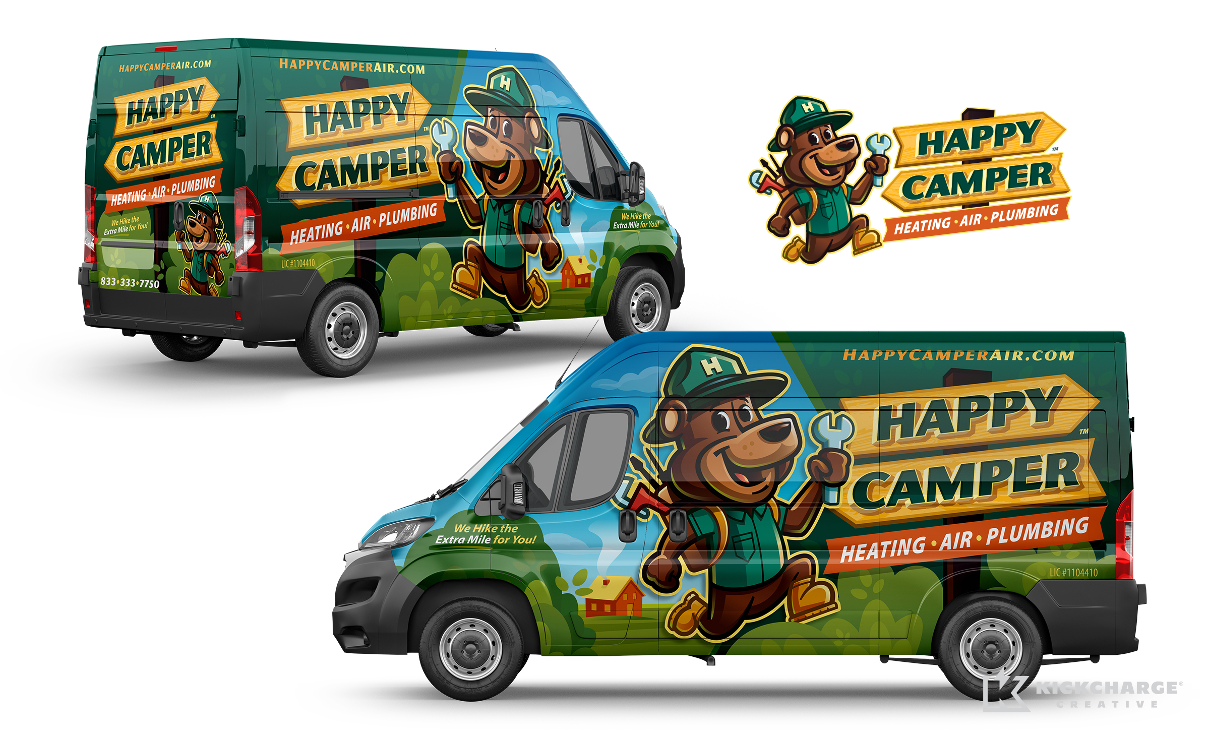 Vehicle wrap design for Happy Camper Heating, Air & Plumbing