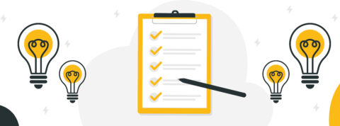 an illustration of yellow and black checklists and lightbulbs on a white background